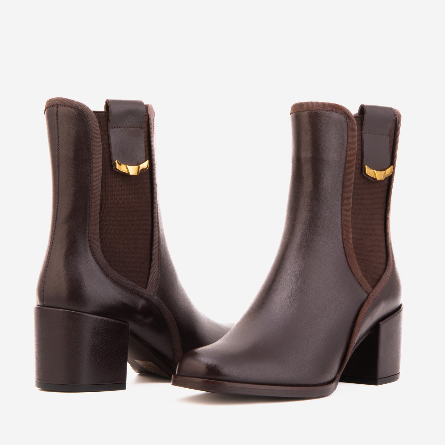 Botas de mujer Kensington en cuero marrón con tacón de bloque y caña media