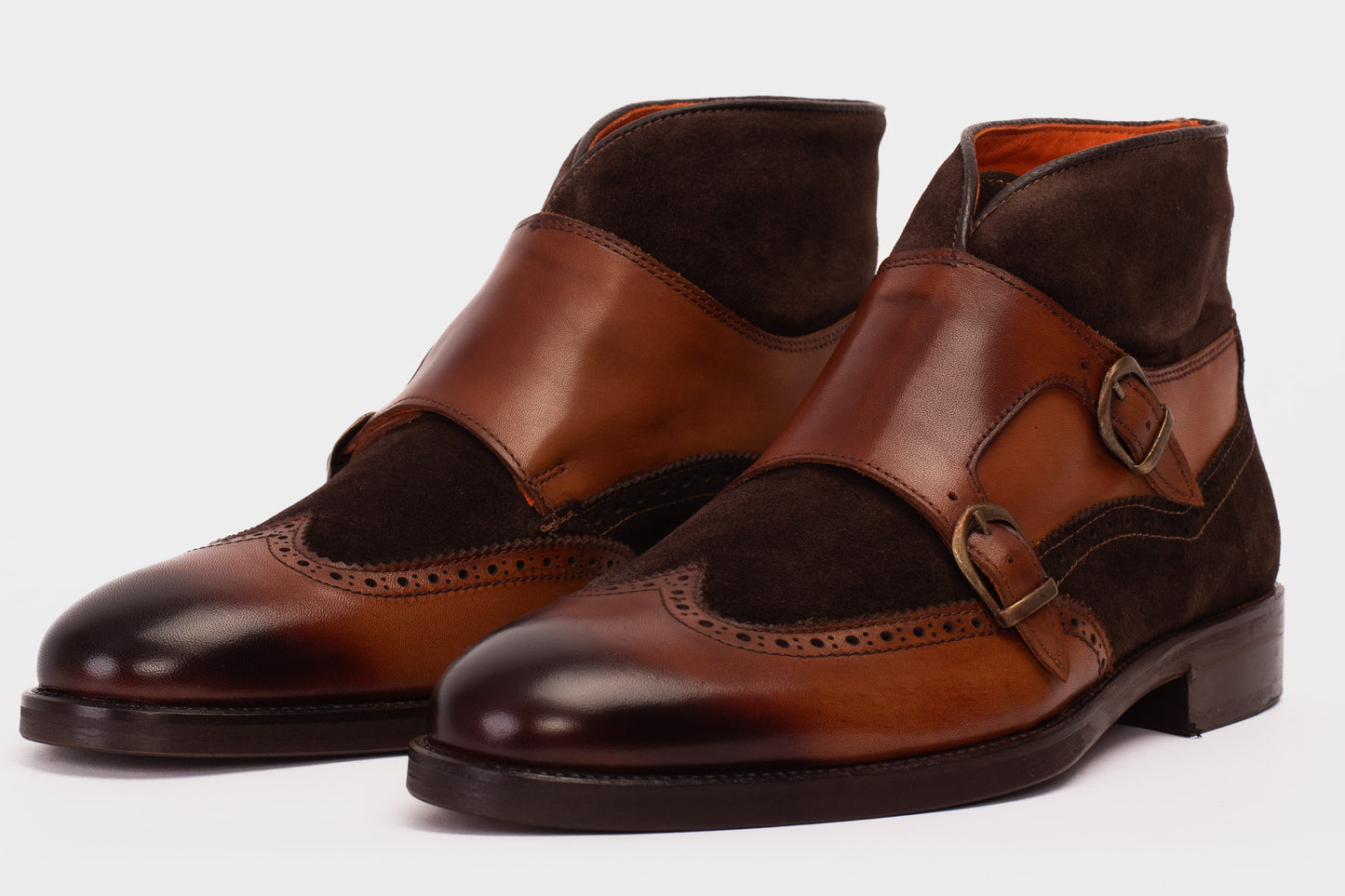 Bota de monje con doble tira de ante y cuero color canela Albus para hombre