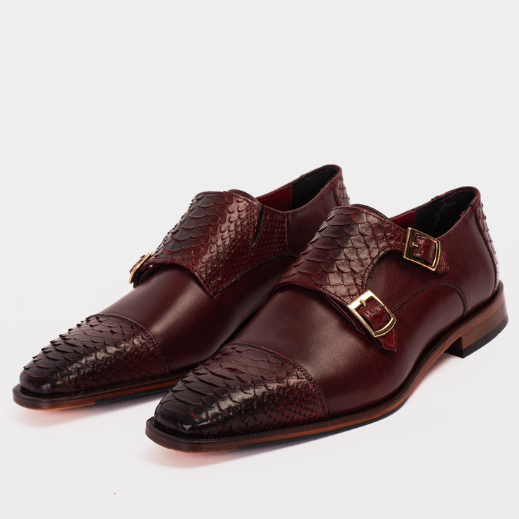 The Bishkek Burgundy Leather Cap Toe Double Monk Strap Shoe