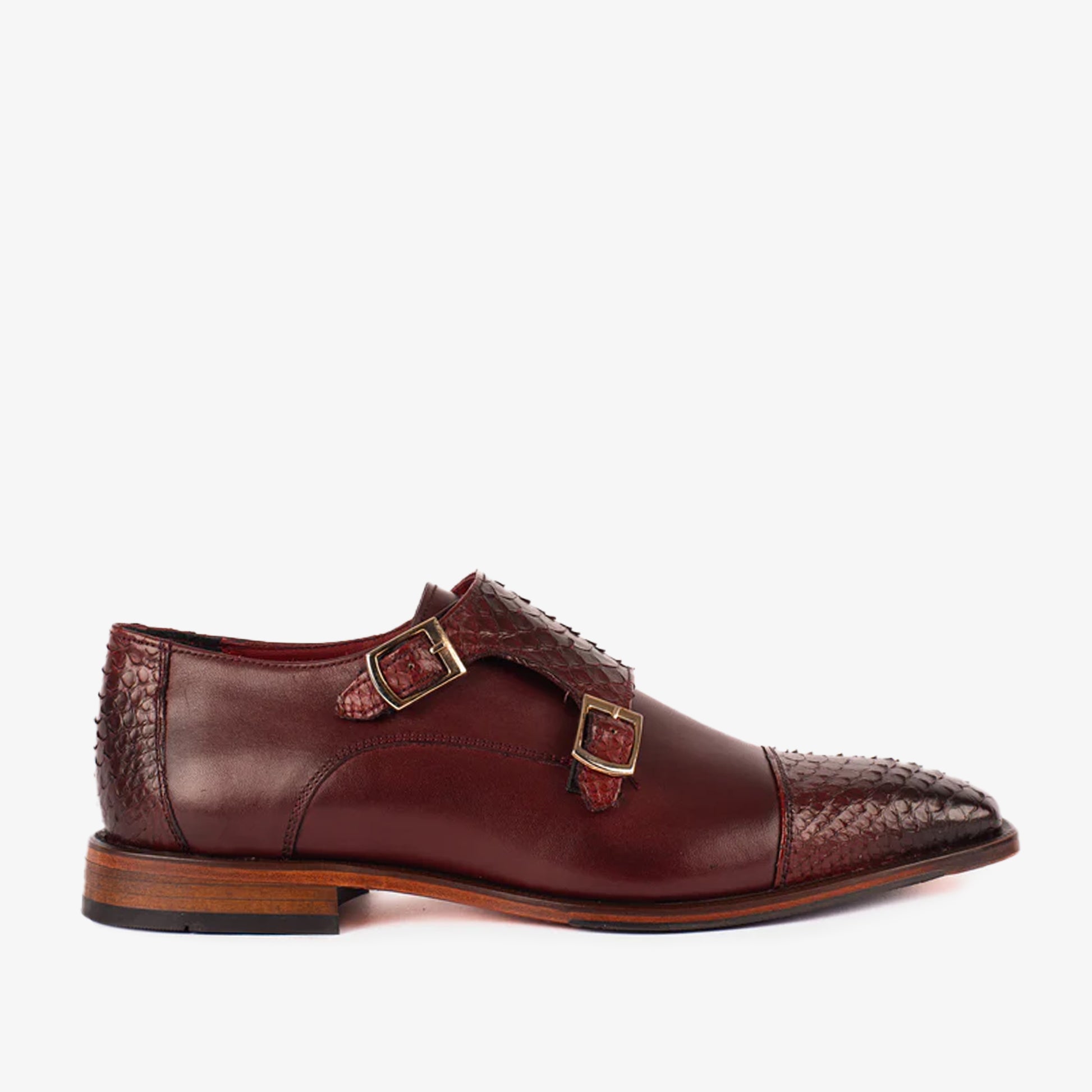 The Bishkek Burgundy Leather Cap Toe Double Monk Strap Men Shoe
