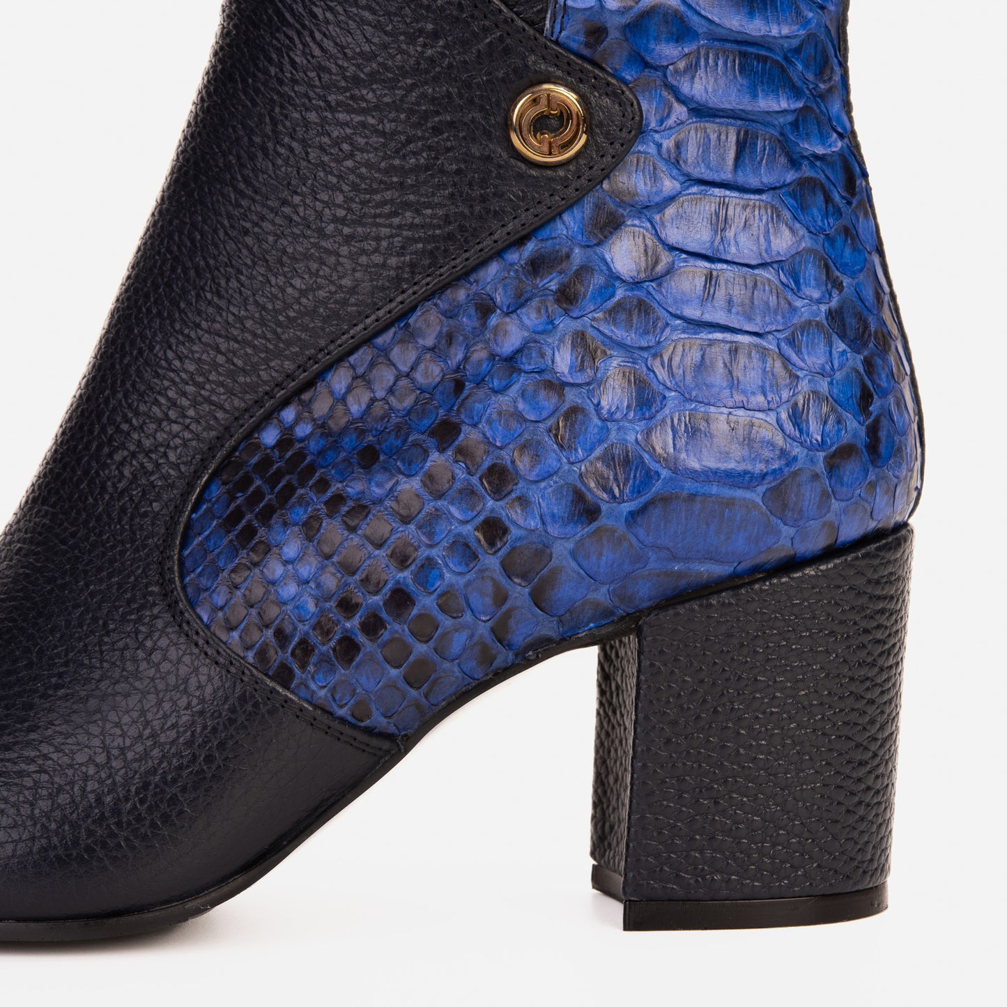 The Saturn Sax Blue Pythn Leather Block Heel  Women Boot