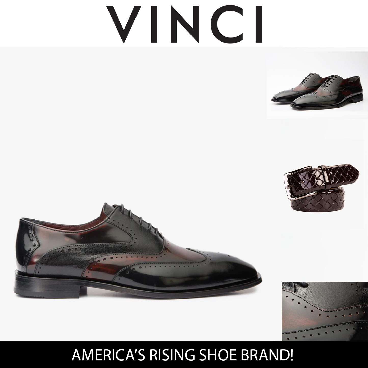 El zapato Derby Dicle con punta de ala en color negro y burdeos y diseño semibrogue para hombre