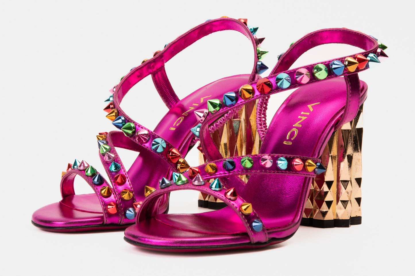 The Caris Fuchsia Block Heel Spike Leather Women Sandal