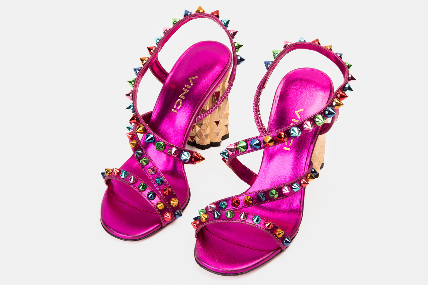 The Caris Fuchsia Block Heel Spike Leather Women Sandal