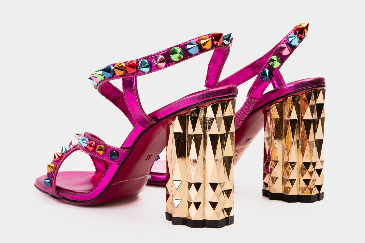 The Caris Fuchsia Block Heel Spike Leather Women Sandal