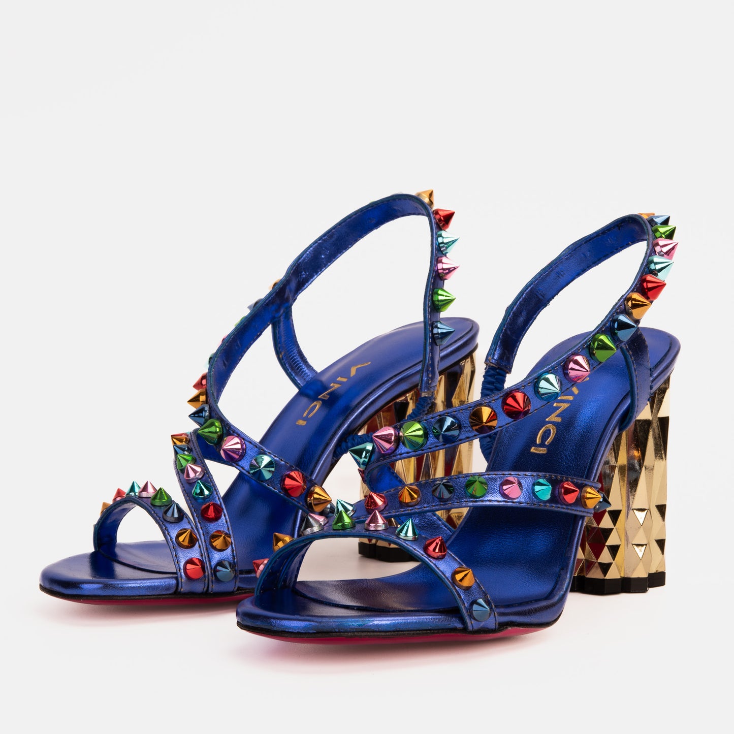 The Caris Sax Blue Block Heel Spike Leather Women Sandal