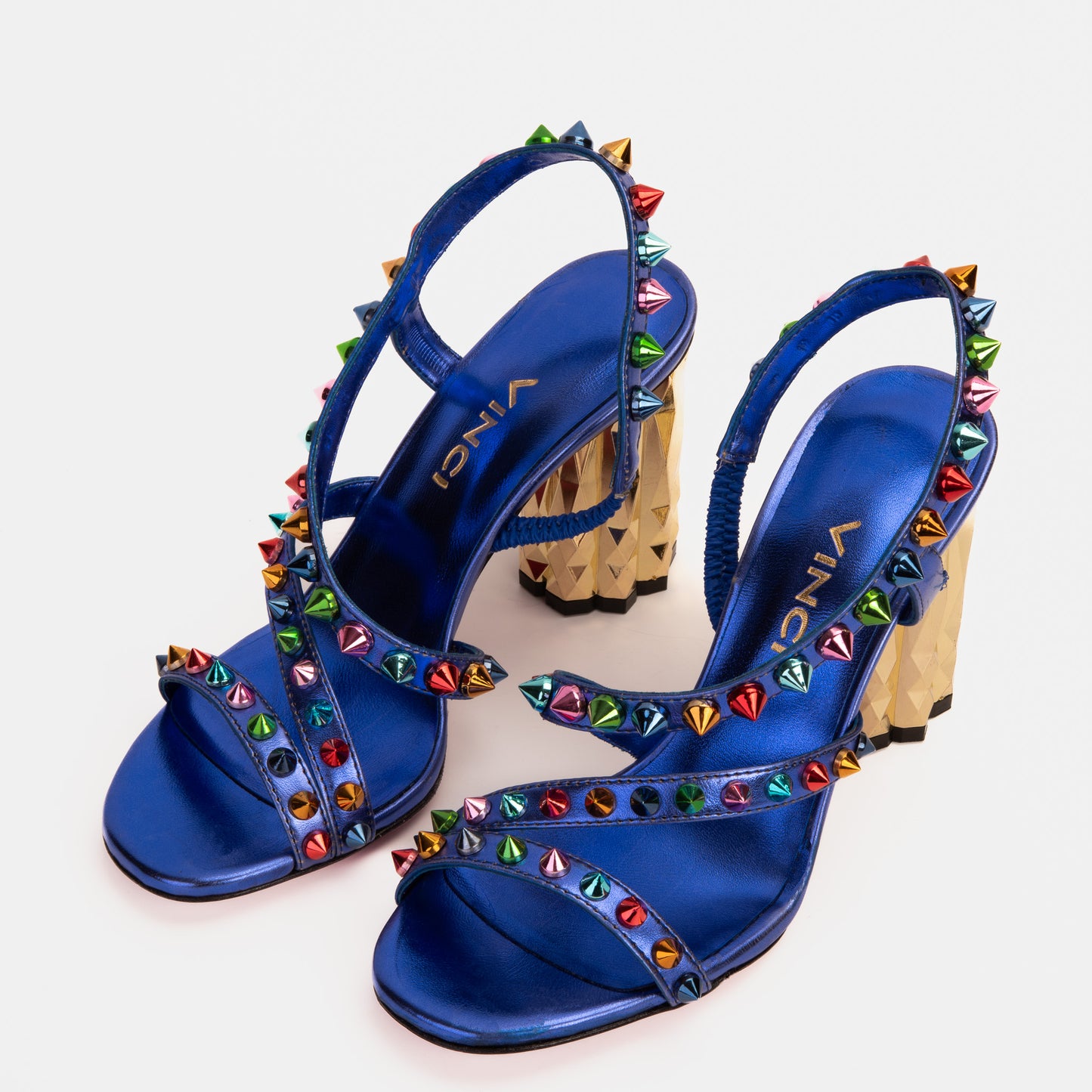 The Caris Sax Blue Block Heel Spike Leather Women Sandal