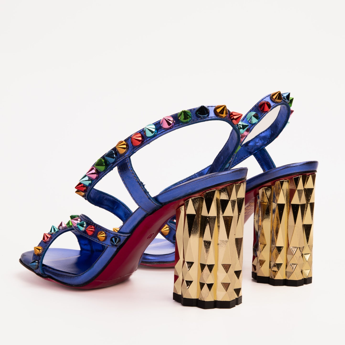 The Caris Sax Blue Block Heel Spike Leather Women Sandal