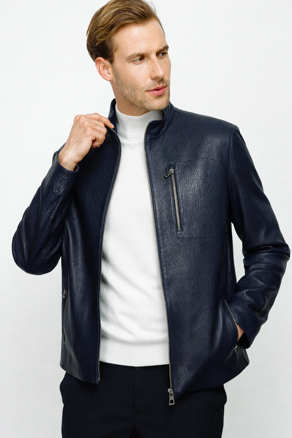 The Blanchard Navy Blue Leather Men Jacket