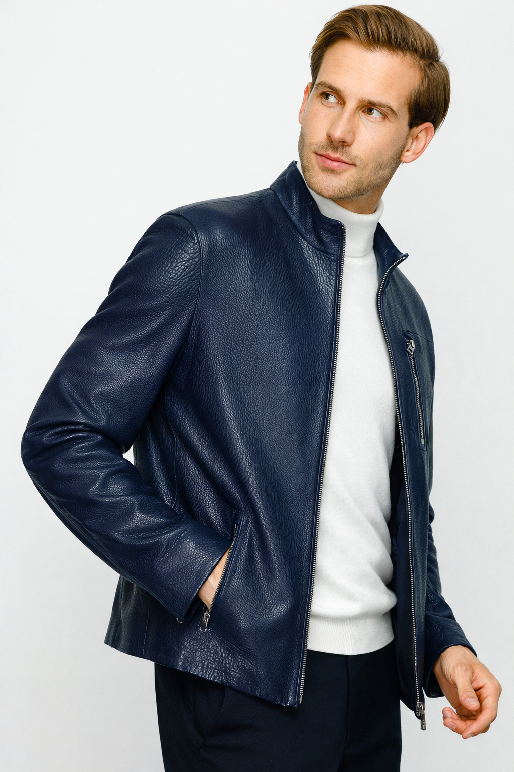The Blanchard Navy Blue Leather Men Jacket