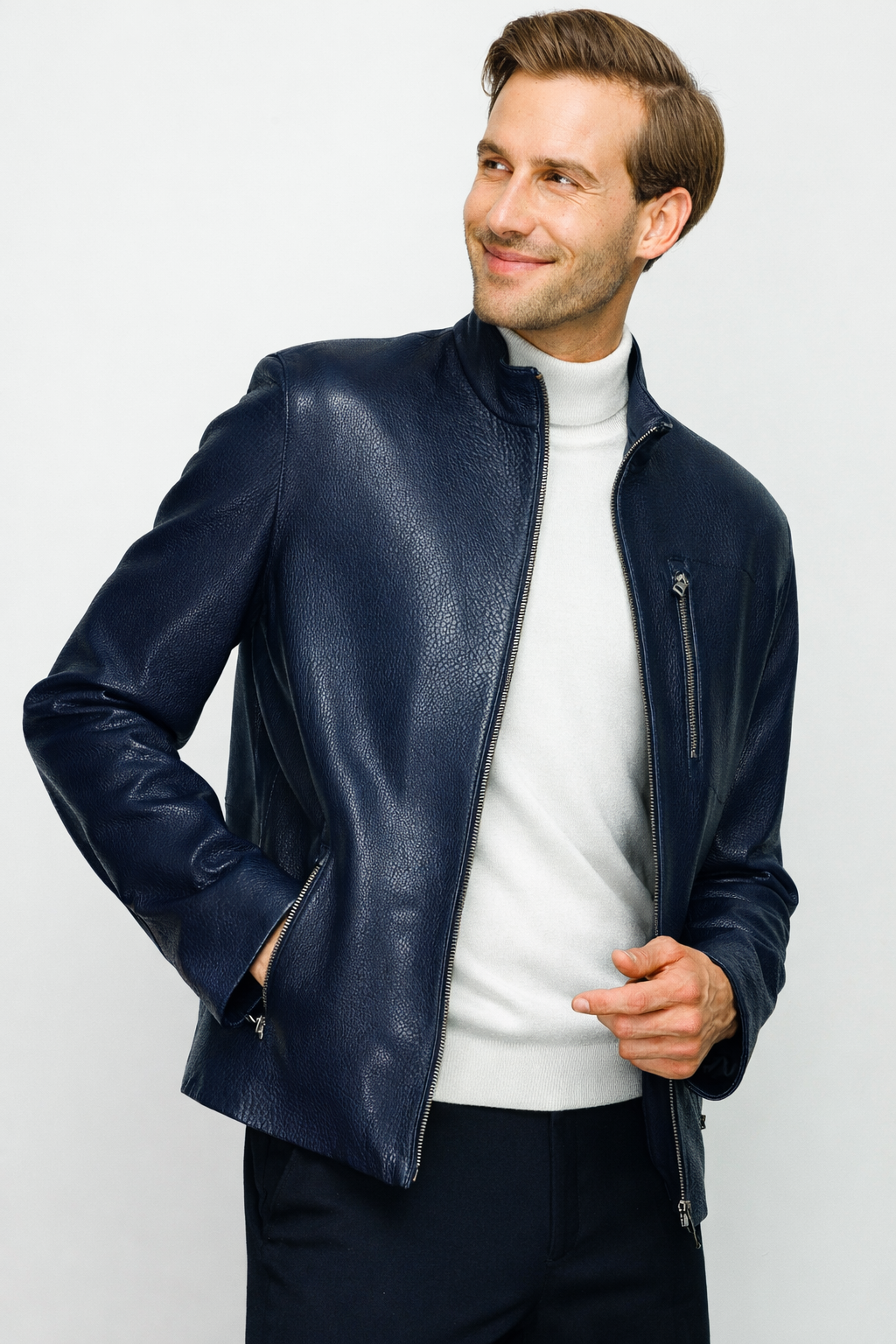 The Blanchard Navy Blue Leather Men Jacket