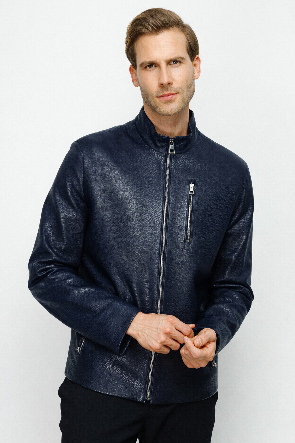 The Blanchard Navy Blue Leather Men Jacket