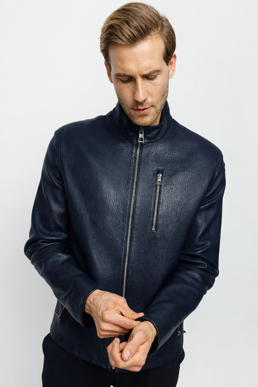The Blanchard Navy Blue Leather Men Jacket