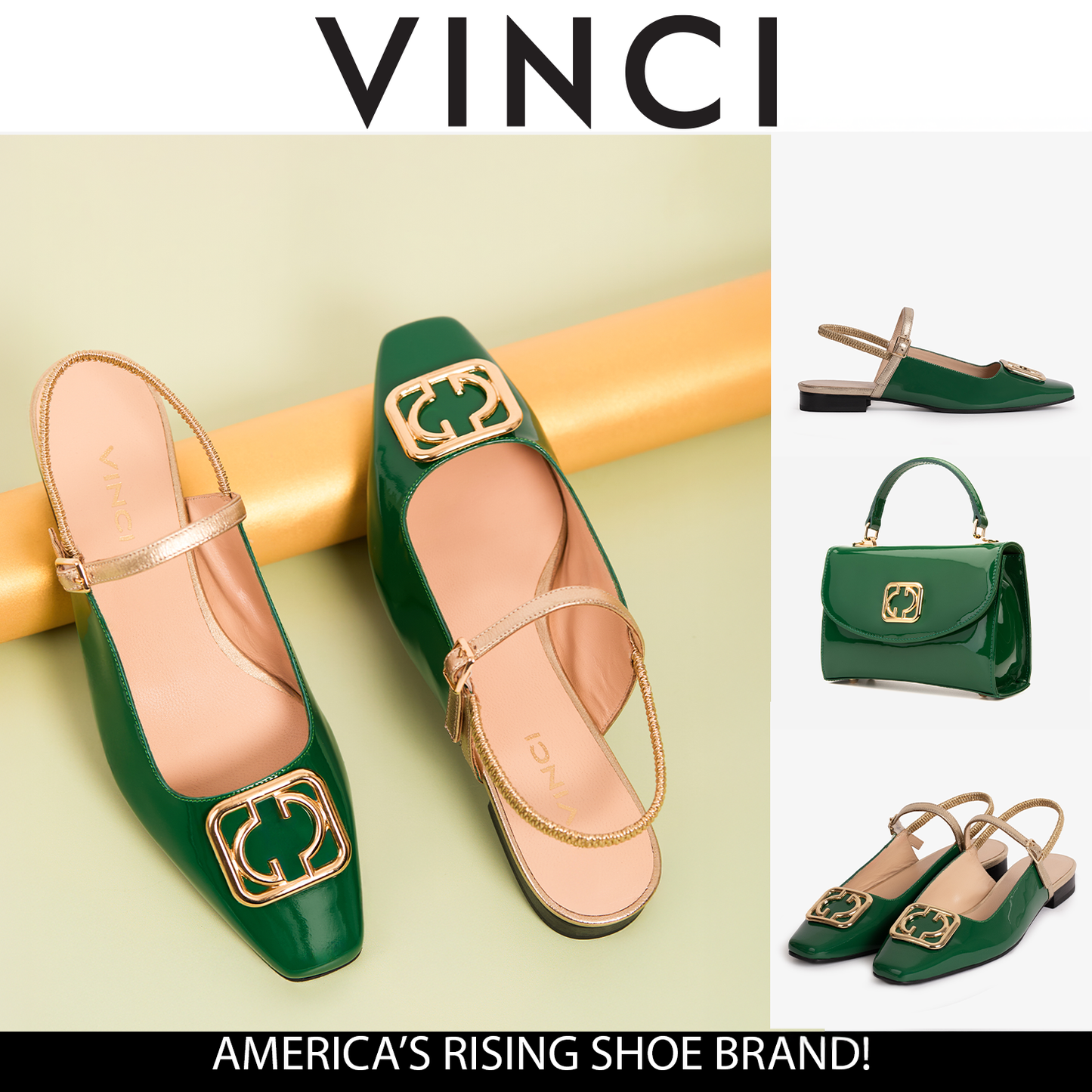 Zapato plano con tira trasera para mujer de charol verde Rosalinda