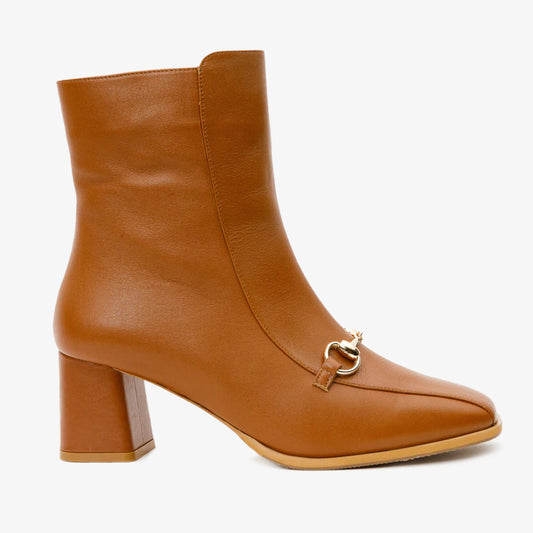 Bota de mujer de media pantorrilla con tacón de bloque de cuero color canela Bukres