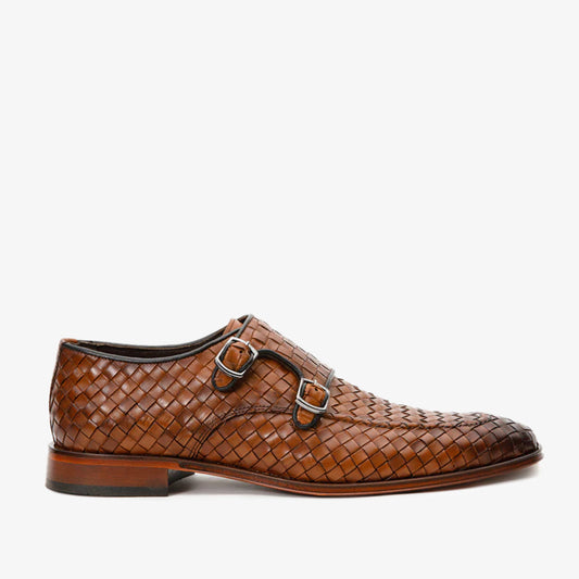 Zapatos de vestir para hombre con doble hebilla tejida en marrón Turan