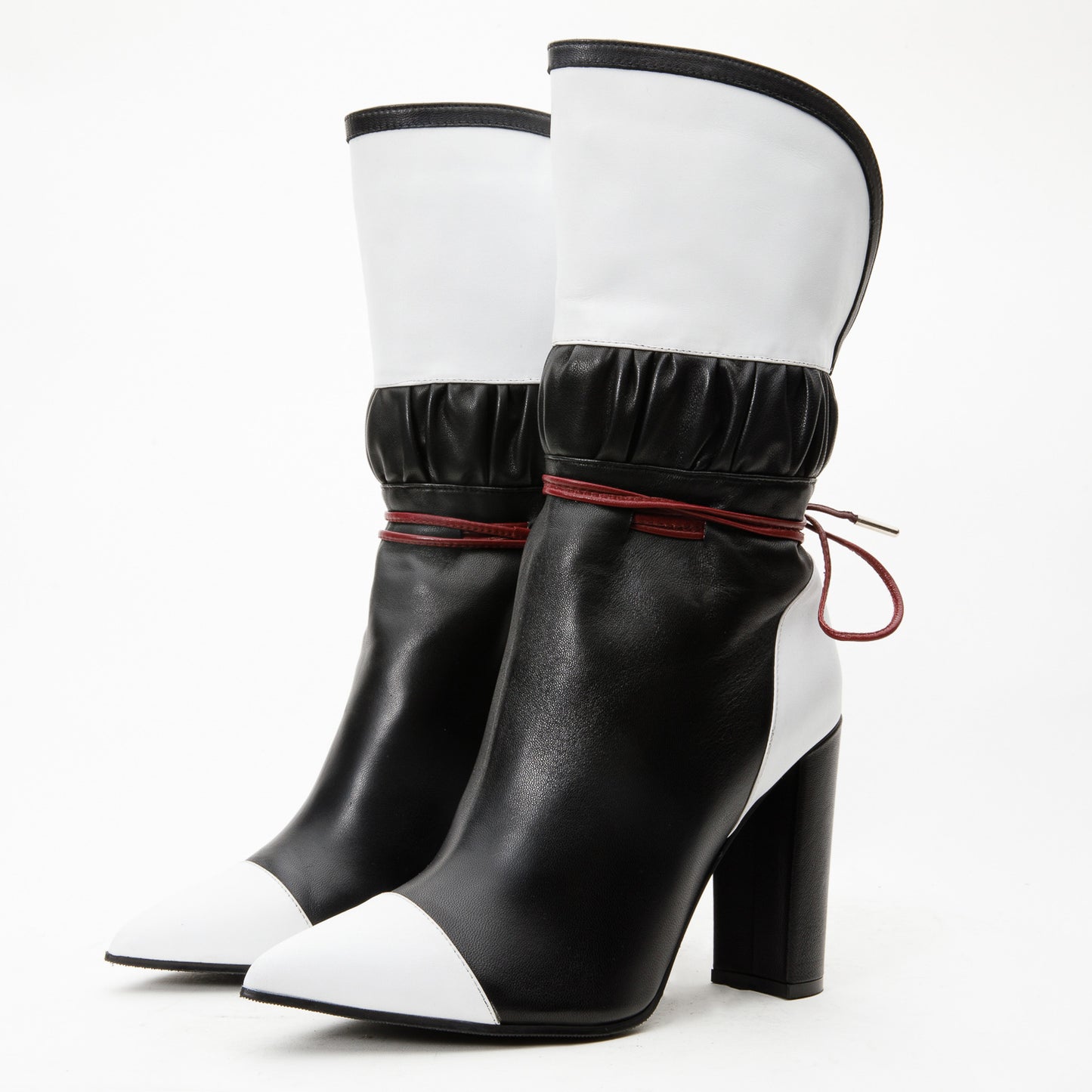 The Lucca Black & White Leather Mid Calf High Heel Women Boot Limited Edition