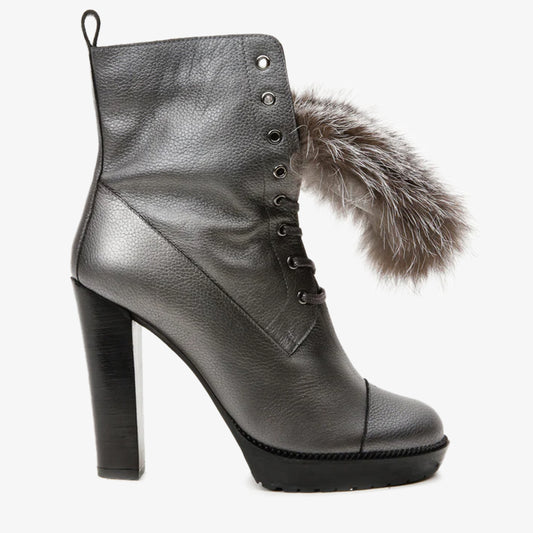 The Melo Grey Leather Natural Fur Mid Calf Platform Heel Women Boot