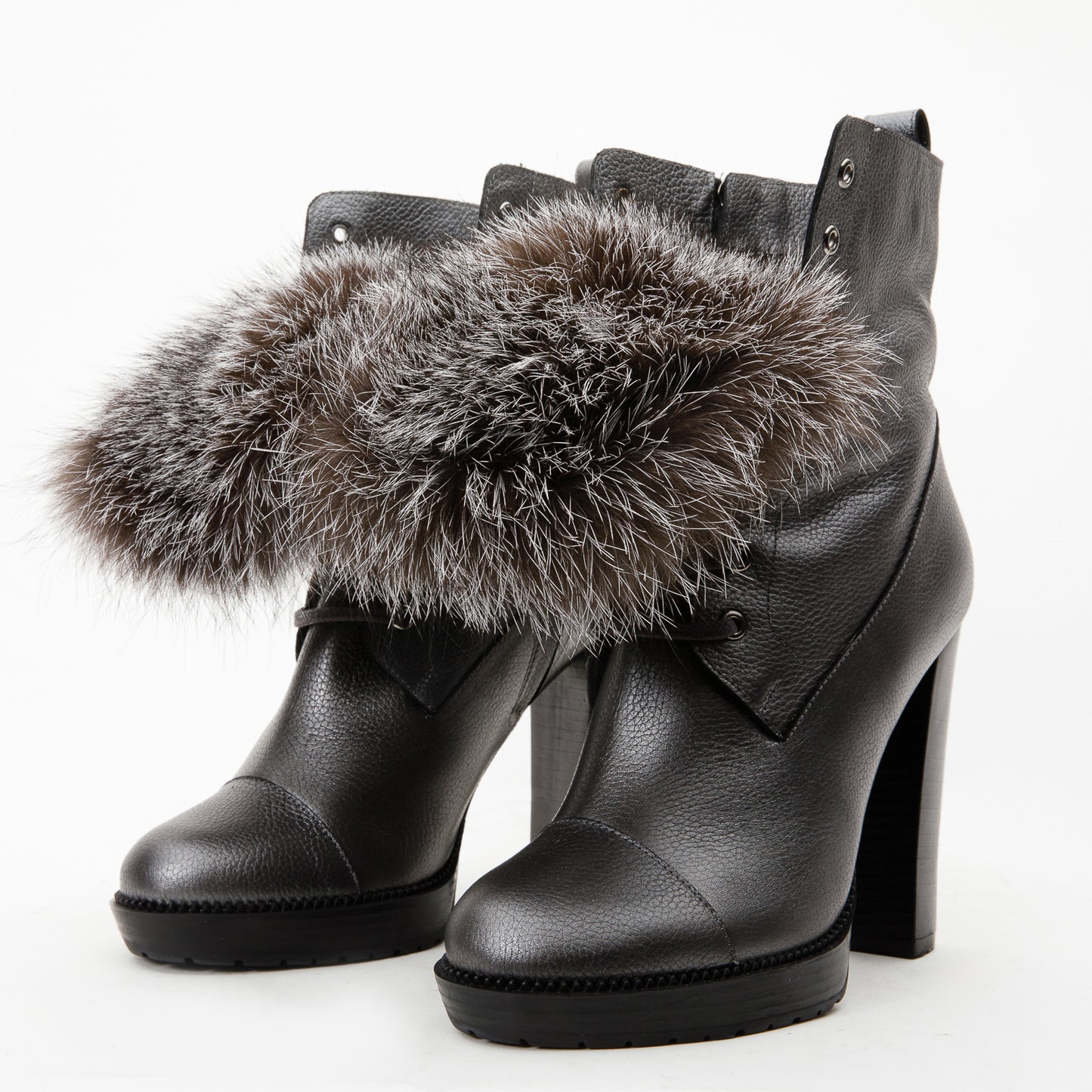 The Melo Grey Leather Natural Fur Mid Calf Platform Heel Women Boot