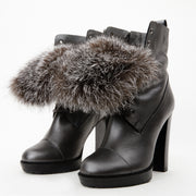 The Melo Grey Leather Natural Fur Mid Calf Platform Heel Boot