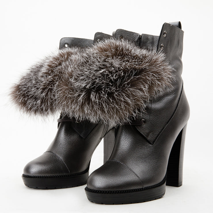 The Melo Grey Leather Natural Fur Mid Calf Platform Heel Boot
