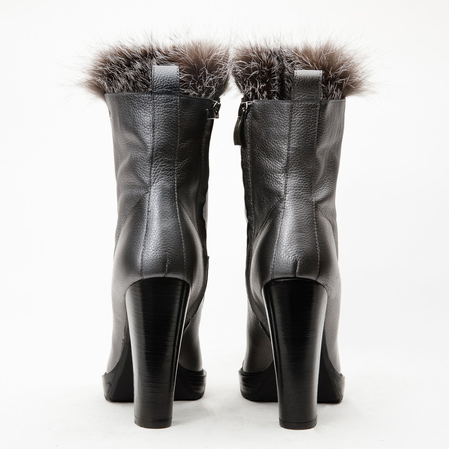 The Melo Grey Leather Natural Fur Mid Calf Platform Heel Women Boot