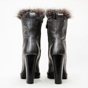 The Melo Grey Leather Natural Fur Mid Calf Platform Heel Boot