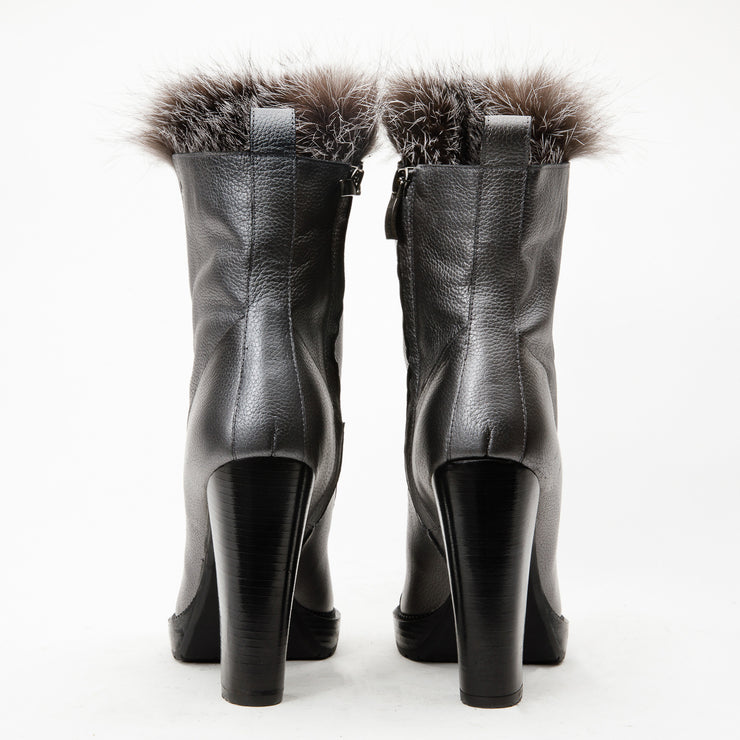 The Melo Grey Leather Natural Fur Mid Calf Platform Heel Boot
