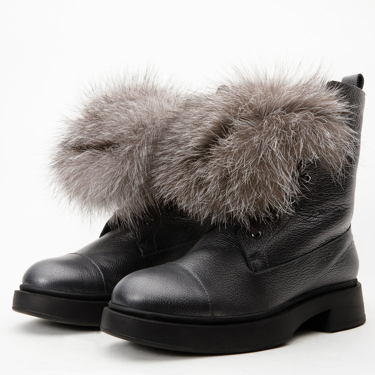 The Kajapati Grey Leather Natural Fur Mid Calf Boot