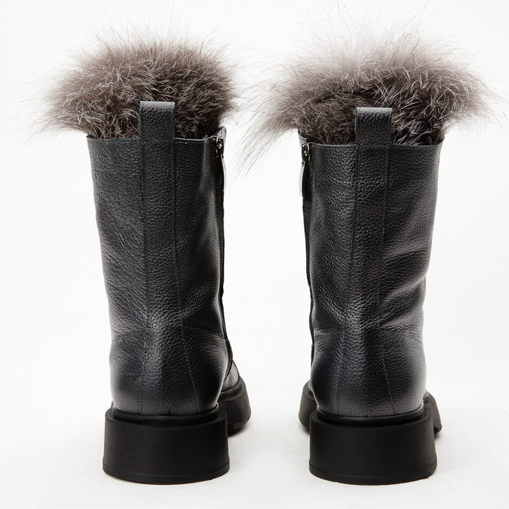 The Kajapati Grey Leather Natural Fur Mid Calf Boot
