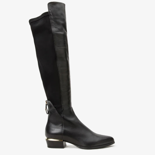 Botas altas hasta la rodilla con punta puntiaguda de cuero negro para mujer de Fairoks