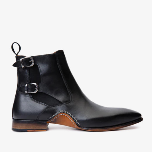 The Royal Hand Craft Black Leather Double-Buckle Chelsea Men Boot