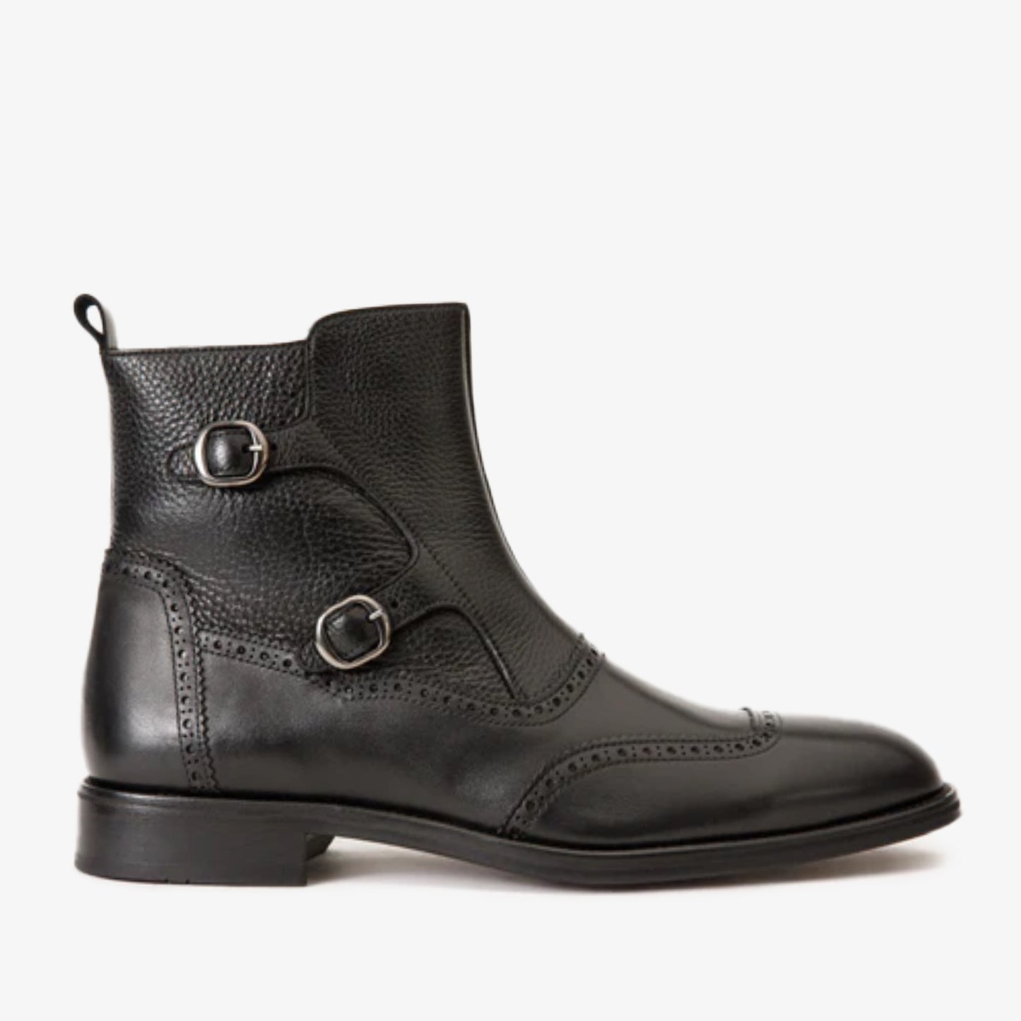 The Rand Black Leather Double Buckle Brogue Men Boot with a Zipper
