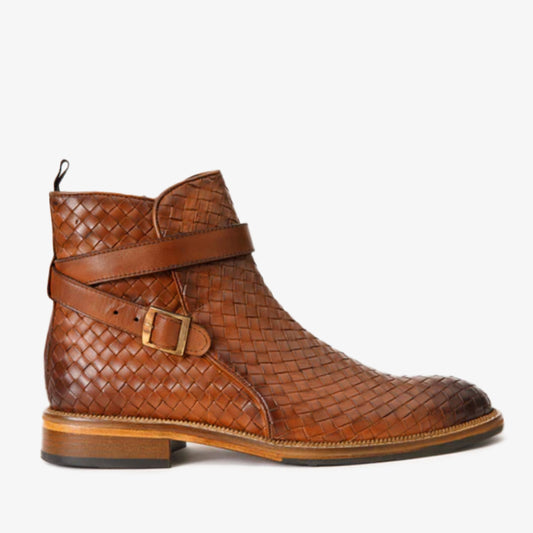 The Morral Tan Handwoven Leather Cross Strap Buckle Zip-Up Men Boot