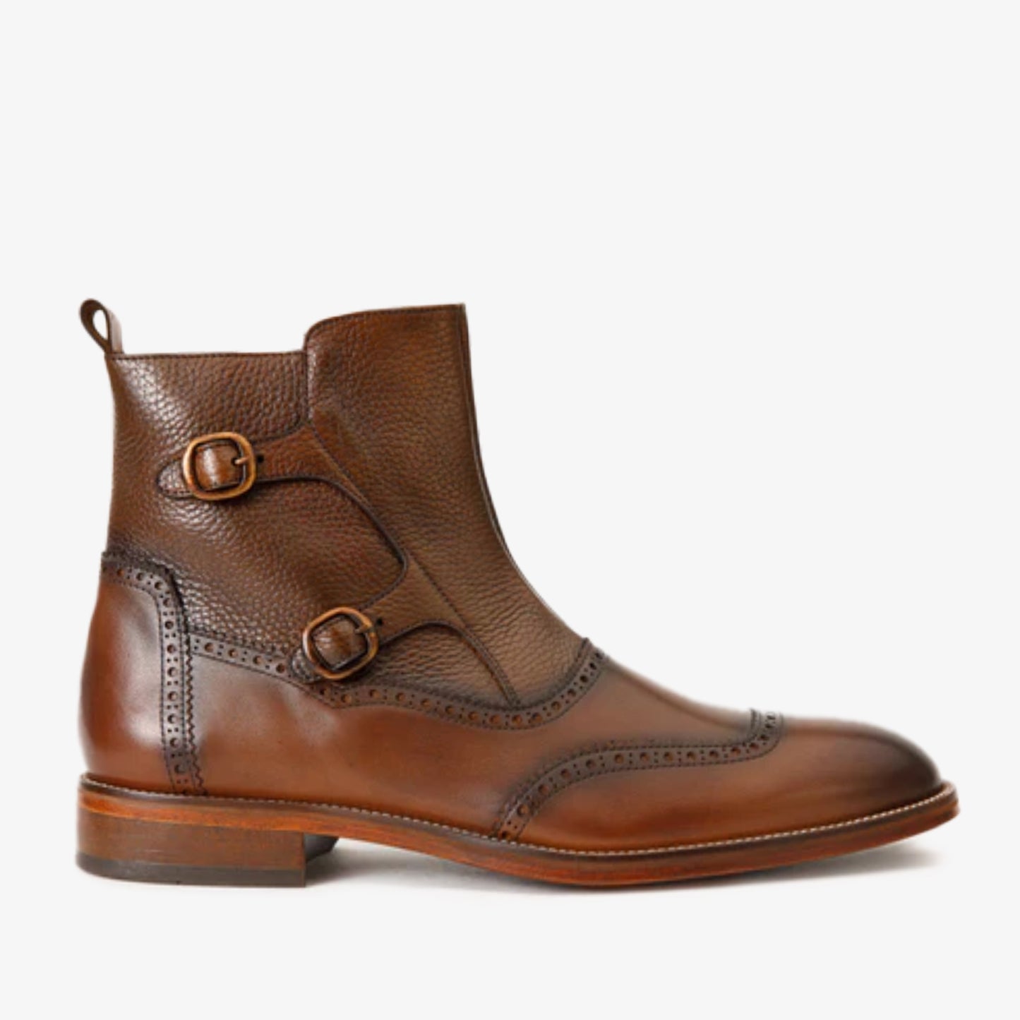 The Rand Brown Leather Double Buckle Brogue Men Boot with a Zipper