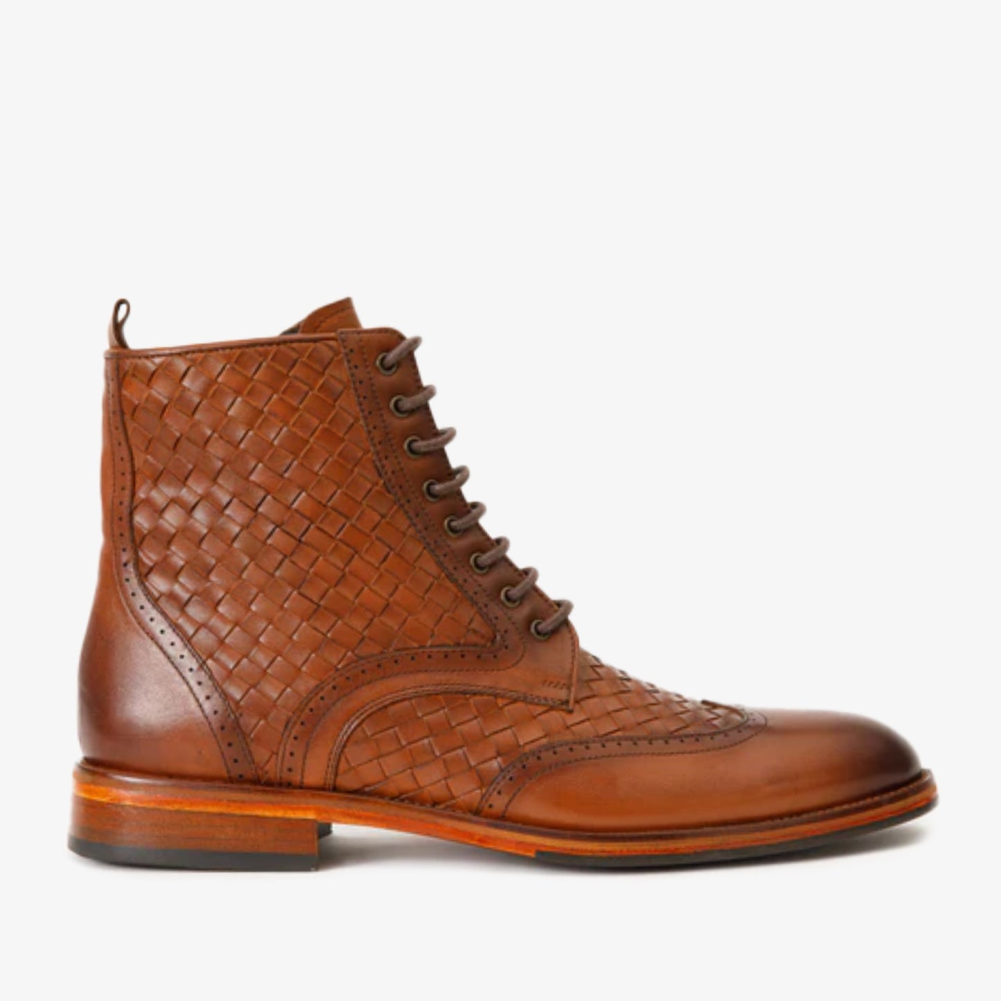 The Loddon Tan Leather Wingtip Brogue Handwoven Lace-Up Men Boot with a Zipper