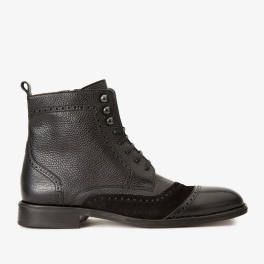 The Anderson Black Leather & Suede Brogue Lace-Up Men  Boot with a Zipper