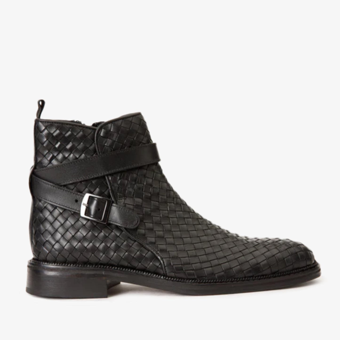 The Morral Black Handwoven Leather Cross Strap Buckle Zip-Up Men Boot