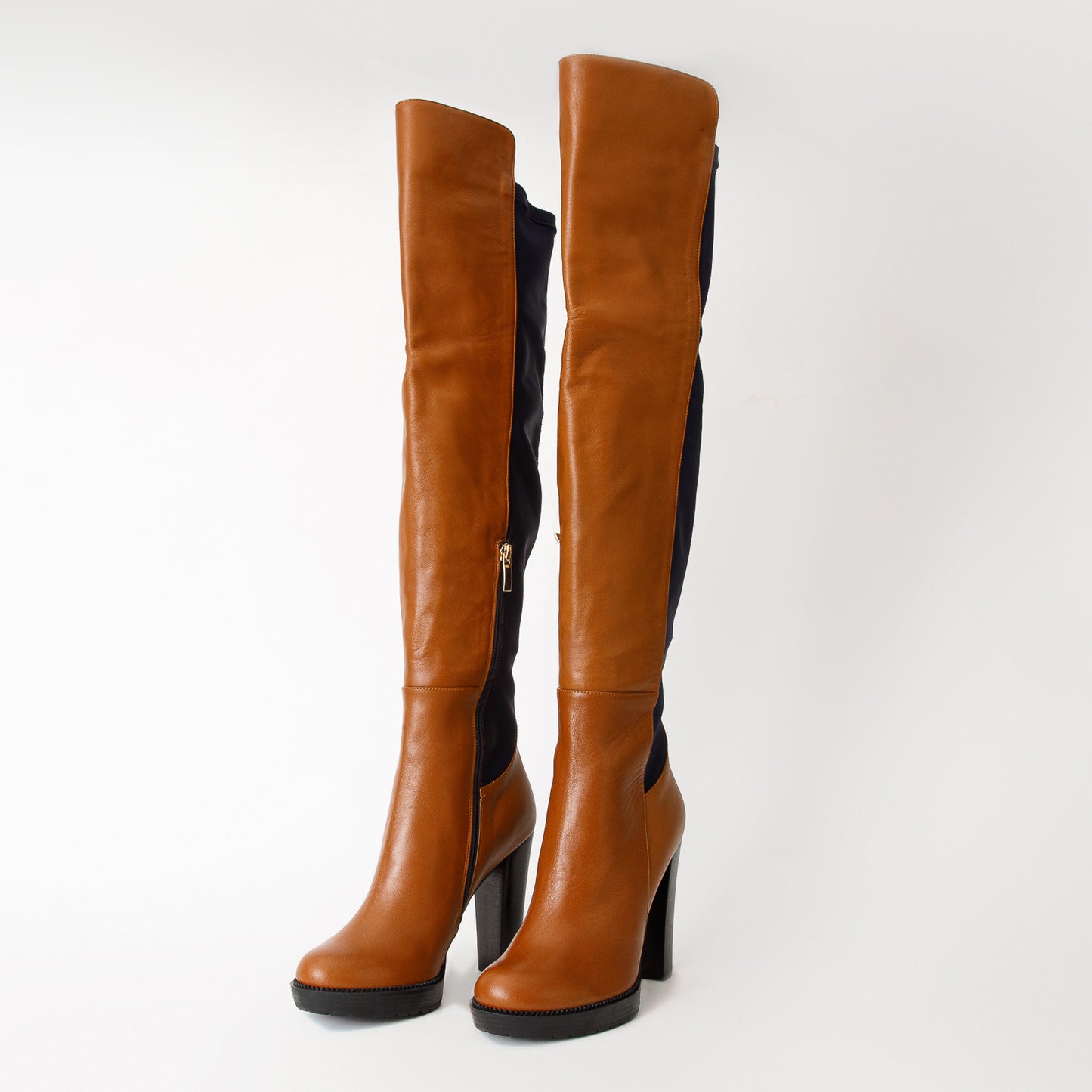Botas de mujer con plataforma y tacón alto hasta la rodilla de piel color canela de Sao Paulo