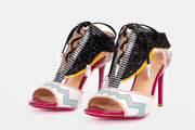 The Santa Amaro White Glitter Leather T-Strap Lace -Up Sandal