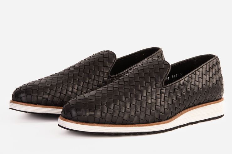 The Ostrava Black Leather Woven Slip-on Loafer Shoe