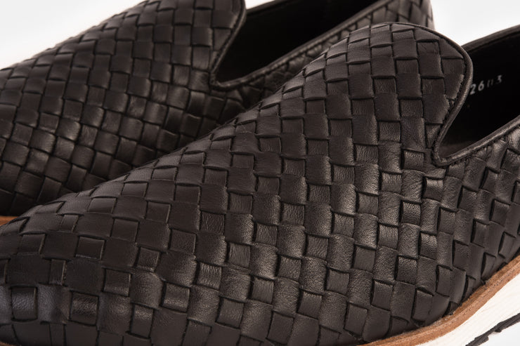 The Ostrava Black Leather Woven Slip-on Loafer Shoe