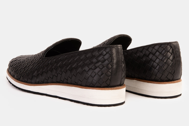 The Ostrava Black Leather Woven Slip-on Loafer Shoe