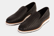 The Ostrava Black Leather Woven Slip-on Loafer Shoe