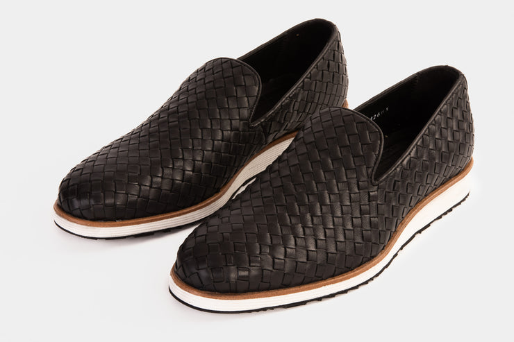 The Ostrava Black Leather Woven Slip-on Loafer Shoe