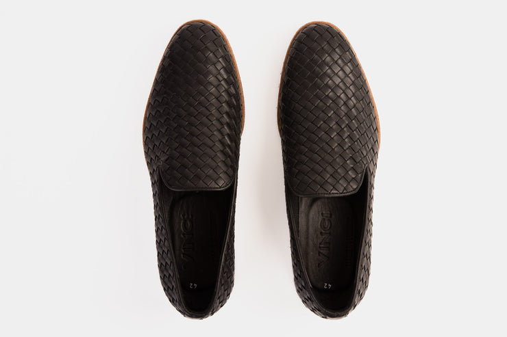 The Ostrava Black Leather Woven Slip-on Loafer Shoe