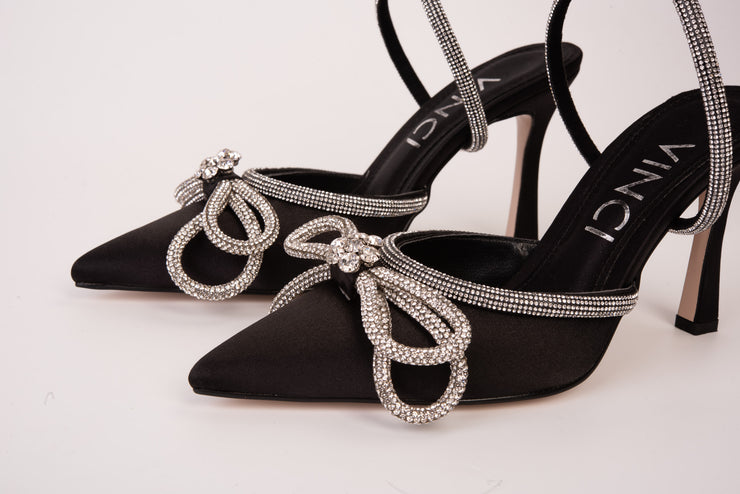 The Floransa Black Leather Pointy Toe Ankle Strap Sandal