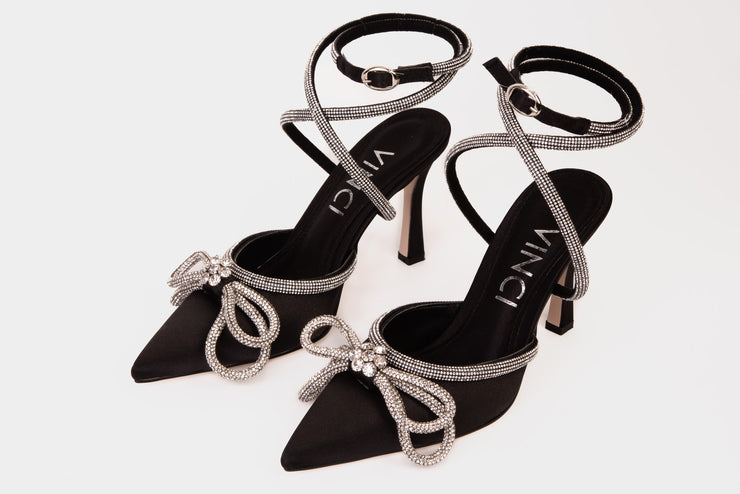 The Floransa Black Leather Pointy Toe Ankle Strap Sandal