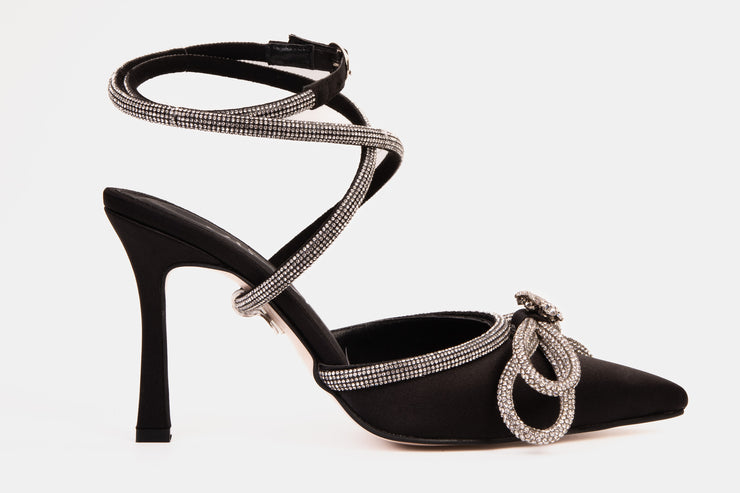 The Floransa Black Leather Pointy Toe Ankle Strap Sandal