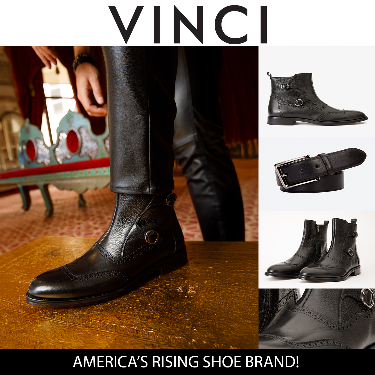 Bota brogue de cuero negro con doble hebilla y cremallera para hombre de The Rand